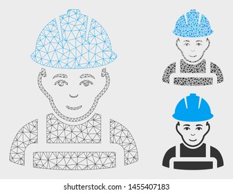Mesh glad worker model with triangle mosaic icon. Wire frame triangular mesh of glad worker. Vector collage of triangle elements in different sizes, and color tints. Abstract 2d mesh glad worker,