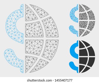 Mesh global business model with triangle mosaic icon. Wire frame triangular mesh of global business. Vector mosaic of triangle elements in different sizes, and color hues.