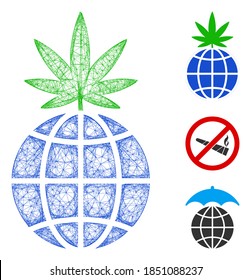 Mesh global cannabis sprout polygonal web icon vector illustration. Model is based on global cannabis sprout flat icon. Triangle mesh forms abstract global cannabis sprout flat carcass.