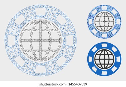 Mesh global casino chip model with triangle mosaic icon. Wire carcass polygonal mesh of global casino chip. Vector mosaic of triangle parts in different sizes, and color shades.