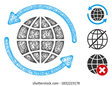 Mesh global delivery polygonal web icon vector illustration. Carcass model is based on global delivery flat icon. Triangular mesh forms abstract global delivery flat carcass.