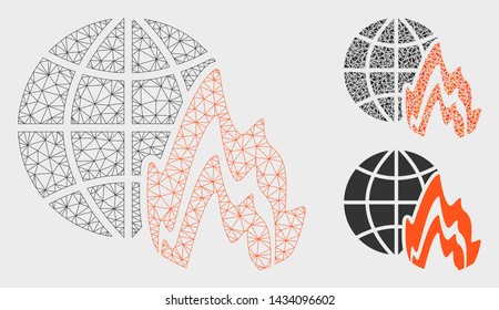 Mesh global fire model with triangle mosaic icon. Wire carcass polygonal mesh of global fire. Vector mosaic of triangles in variable sizes, and color hues. Abstract flat mesh global fire,