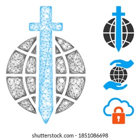 Mesh Global Wache polygonal Web-Symbol Vektorgrafik. Die Abstraktion basiert auf dem flachen Symbol der Weltgarde. Das dreieckige Netzwerk bildet abstraktes Global Wache flaches Modell.