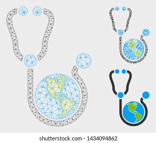 Mesh global healthcare model with triangle mosaic icon. Wire carcass polygonal network of global healthcare. Vector mosaic of triangle parts in variable sizes, and color tones.