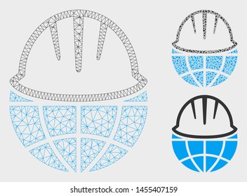 Mesh global helmet model with triangle mosaic icon. Wire frame triangular mesh of global helmet. Vector composition of triangle elements in variable sizes, and color shades.