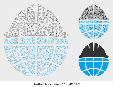 Mesh global helmet model with triangle mosaic icon. Wire carcass polygonal mesh of global helmet. Vector mosaic of triangle elements in variable sizes, and color shades.