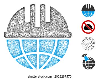 Mesh global helmet web icon vector illustration. Carcass model is created from global helmet flat icon. Network forms abstract global helmet flat carcass.