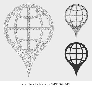 Mesh global location model with triangle mosaic icon. Wire frame triangular network of global location. Vector mosaic of triangle parts in various sizes, and color hues.