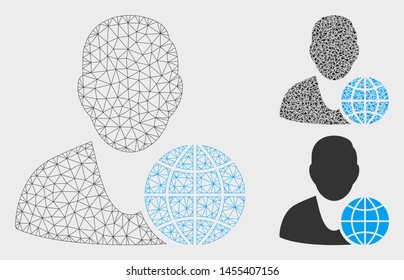 Mesh global manager model with triangle mosaic icon. Wire carcass triangular mesh of global manager. Vector mosaic of triangle elements in various sizes, and color hues.