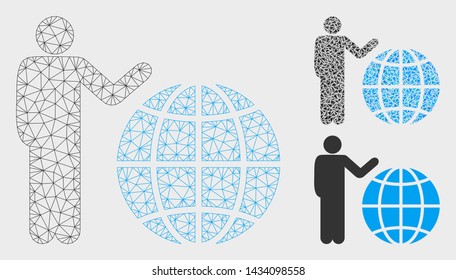 Mesh global marketing model with triangle mosaic icon. Wire frame polygonal mesh of global marketing. Vector collage of triangle parts in various sizes, and color tints.