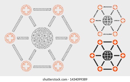 Mesh global medical network model with triangle mosaic icon. Wire frame polygonal network of global medical network. Vector mosaic of triangle elements in different sizes, and color shades.
