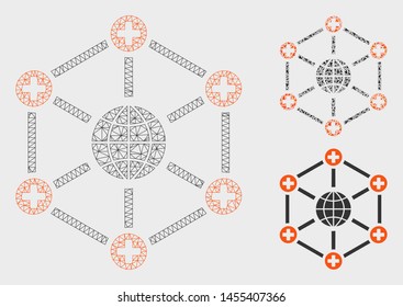 Mesh global medical network model with triangle mosaic icon. Wire carcass triangular mesh of global medical network. Vector mosaic of triangles in various sizes, and color tints.