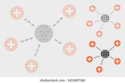 Mesh global medical relations model with triangle mosaic icon. Wire frame polygonal mesh of global medical relations. Vector collage of triangle parts in variable sizes, and color tinges.