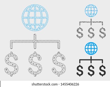 Mesh global payments model with triangle mosaic icon. Wire frame triangular mesh of global payments. Vector mosaic of triangles in various sizes, and color tints. Abstract flat mesh global payments,