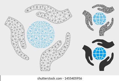 Mesh global protection model with triangle mosaic icon. Wire carcass triangular network of global protection. Vector mosaic of triangles in different sizes, and color tinges.