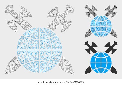 Mesh global protection model with triangle mosaic icon. Wire frame triangular network of global protection. Vector collage of triangle elements in different sizes, and color tinges.
