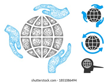 Mesh Global Protection polygonal Web-Symbol Vektorgrafik. Das Schlachtkörpermodell basiert auf dem weltweiten Schutzflachsymbol. Dreieckige Maschenformen abstraktes globales Schutzflachmodell.