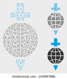 Mesh global safety model with triangle mosaic icon. Wire frame polygonal mesh of global safety. Vector mosaic of triangle parts in different sizes, and color shades. Abstract 2d mesh global safety,