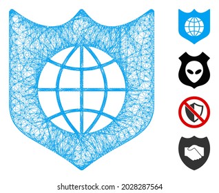 Mesh global shield web symbol vector illustration. Model is based on global shield flat icon. Network forms abstract global shield flat model.