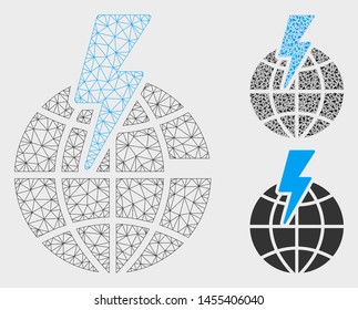 Mesh global shock model with triangle mosaic icon. Wire frame polygonal mesh of global shock. Vector mosaic of triangles in variable sizes, and color tints. Abstract 2d mesh global shock,