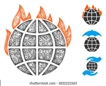 Mesh global warming fire polygonal web icon vector illustration. Carcass model is based on global warming fire flat icon. Triangular network forms abstract global warming fire flat carcass.