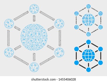 Mesh global web model with triangle mosaic icon. Wire carcass polygonal mesh of global web. Vector mosaic of triangle elements in variable sizes, and color shades. Abstract 2d mesh global web,