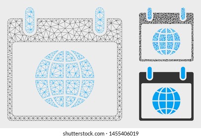 Mesh globe calendar day model with triangle mosaic icon. Wire carcass polygonal network of globe calendar day. Vector collage of triangle elements in various sizes, and color shades.