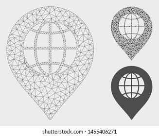 Mesh globe marker model with triangle mosaic icon. Wire frame triangular mesh of globe marker. Vector mosaic of triangles in various sizes, and color tints. Abstract 2d mesh globe marker,