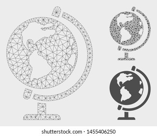 Mesh globe model with triangle mosaic icon. Wire frame triangular mesh of globe. Vector mosaic of triangle elements in various sizes, and color shades. Abstract flat mesh globe,