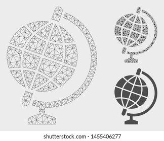 Mesh globe model with triangle mosaic icon. Wire carcass triangular mesh of globe. Vector mosaic of triangle parts in different sizes, and color tones. Abstract 2d mesh globe,