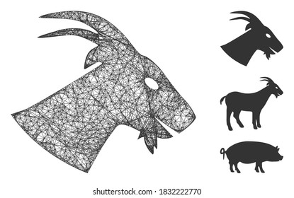 Mesh goat head polygonal web icon vector illustration. Carcass model is based on goat head flat icon. Triangle network forms abstract goat head flat carcass.