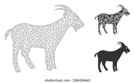 Mesh goat model with triangle mosaic icon. Wire carcass polygonal mesh of goat. Vector mosaic of triangle elements in variable sizes, and color tones. Abstract flat mesh goat,