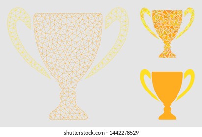 Mesh goblet cup model with triangle mosaic icon. Wire carcass polygonal mesh of goblet cup. Vector mosaic of triangle elements in variable sizes and color tints.