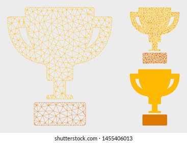 Mesh gold cup model with triangle mosaic icon. Wire frame triangular mesh of gold cup. Vector composition of triangle elements in various sizes, and color tints. Abstract flat mesh gold cup,