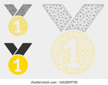Mesh gold medal model with triangle mosaic icon. Wire carcass polygonal mesh of gold medal. Vector composition of triangles in variable sizes, and color tinges. Abstract 2d mesh gold medal,