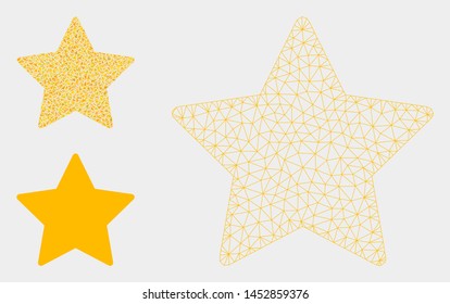 Mesh gold star model with triangle mosaic icon. Wire carcass triangular network of gold star. Vector mosaic of triangle elements in different sizes, and color tones. Abstract 2d mesh gold star,
