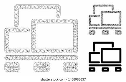 Mesh goods pallet model with triangle mosaic icon. Wire carcass triangular mesh of goods pallet. Vector mosaic of triangle parts in different sizes, and color tones. Abstract flat mesh goods pallet,
