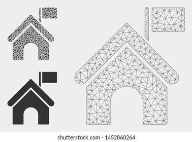 Mesh government building with flag model with triangle mosaic icon. Wire carcass polygonal mesh of government building with flag. Vector mosaic of triangle elements in various sizes, and color shades.