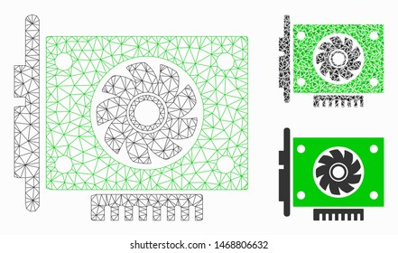 Mesh GPU card model with triangle mosaic icon. Wire carcass polygonal mesh of GPU card. Vector mosaic of triangle elements in variable sizes, and color tinges. Abstract 2d mesh GPU card,