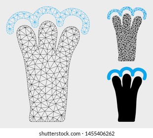 Mesh grab gesture model with triangle mosaic icon. Wire frame polygonal mesh of grab gesture. Vector mosaic of triangle elements in various sizes, and color hues. Abstract flat mesh grab gesture,