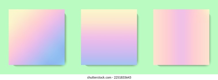 Mesh gradient backgrounds set in pastel colors. Y2k aesthetic. Copy space for text. Abstract blurry vector templates design for banner, cover, social media post