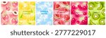 Mesh gradient fruit card collection with glossy fruits, soft blurred backgrounds and vibrant seasonal posters, ideal for juice labels, food packaging, menus, ads and summer market promotions.