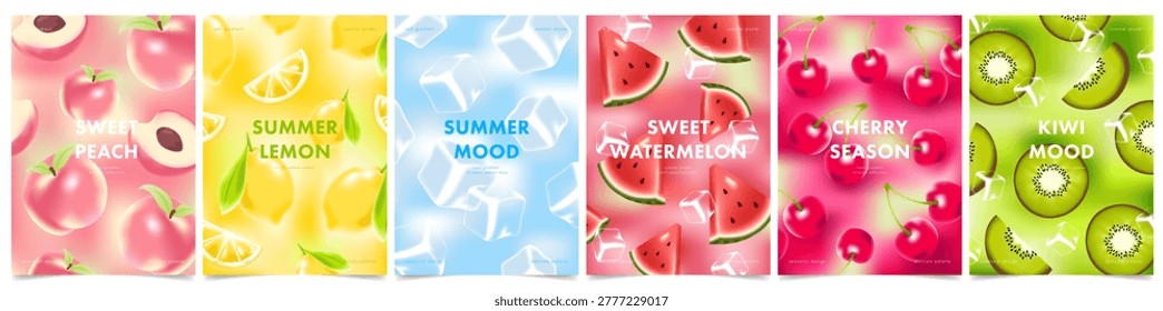 Mesh gradient fruit card collection with glossy fruits, soft blurred backgrounds and vibrant seasonal posters, ideal for juice labels, food packaging, menus, ads and summer market promotions.