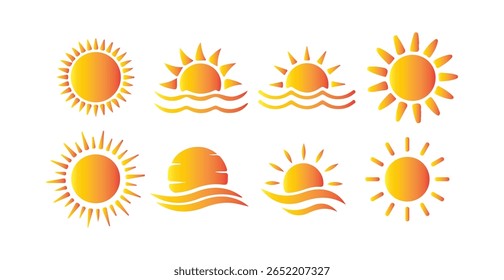Mesh gradient sun icon set over white. Shine sun ray set. Sunshine vector sign. Sunset icon collection. Victor illustration eps10
