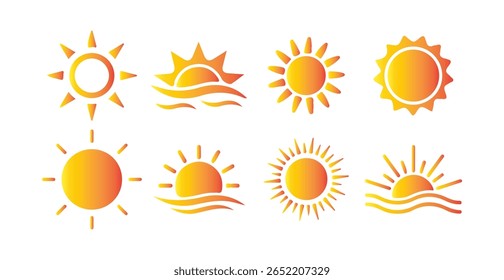 Mesh gradient sun icon set over white. Shine sun ray set. Sunshine vector sign. Sunset icon collection. Victor illustration eps10