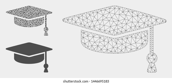 Mesh graduation cap model with triangle mosaic icon. Wire carcass polygonal mesh of graduation cap. Vector mosaic of triangle elements in various sizes, and color hues.