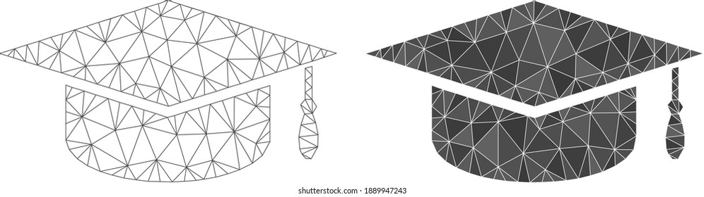 Mesh graduation cap polygonal 2d illustrations, filled and carcass versions. Vector net mesh graduation cap icons. Wire carcass and filled 2D net abstract symbols based on graduation cap icon.