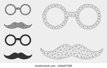 Mesh grandfather smiley model with triangle mosaic icon. Wire frame polygonal network of grandfather smiley. Vector composition of triangle parts in variable sizes, and color tones.