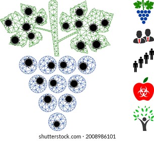 Las uvas de malla se componen de ilustraciones vectoriales de íconos poligonales, con elementos infecciosos negros. El modelo de canal se crea a partir de ícono plano de racimo de uvas, con elementos de coronavirus y malla triangular.
