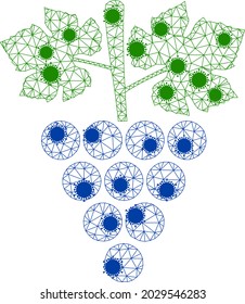 Mesh grapes bunch polygonal icon vector illustration, with Covid centers. Carcass model is created from grapes bunch flat icon, with coronavirus centers and triangular net.